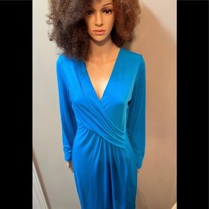 Tahari V-Neck Long Sleeve Dress Blue Women's Size Medium